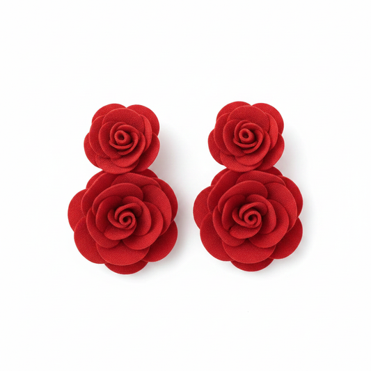 Handmade Red Rose Drop Stud Earrings - Thumbnail
