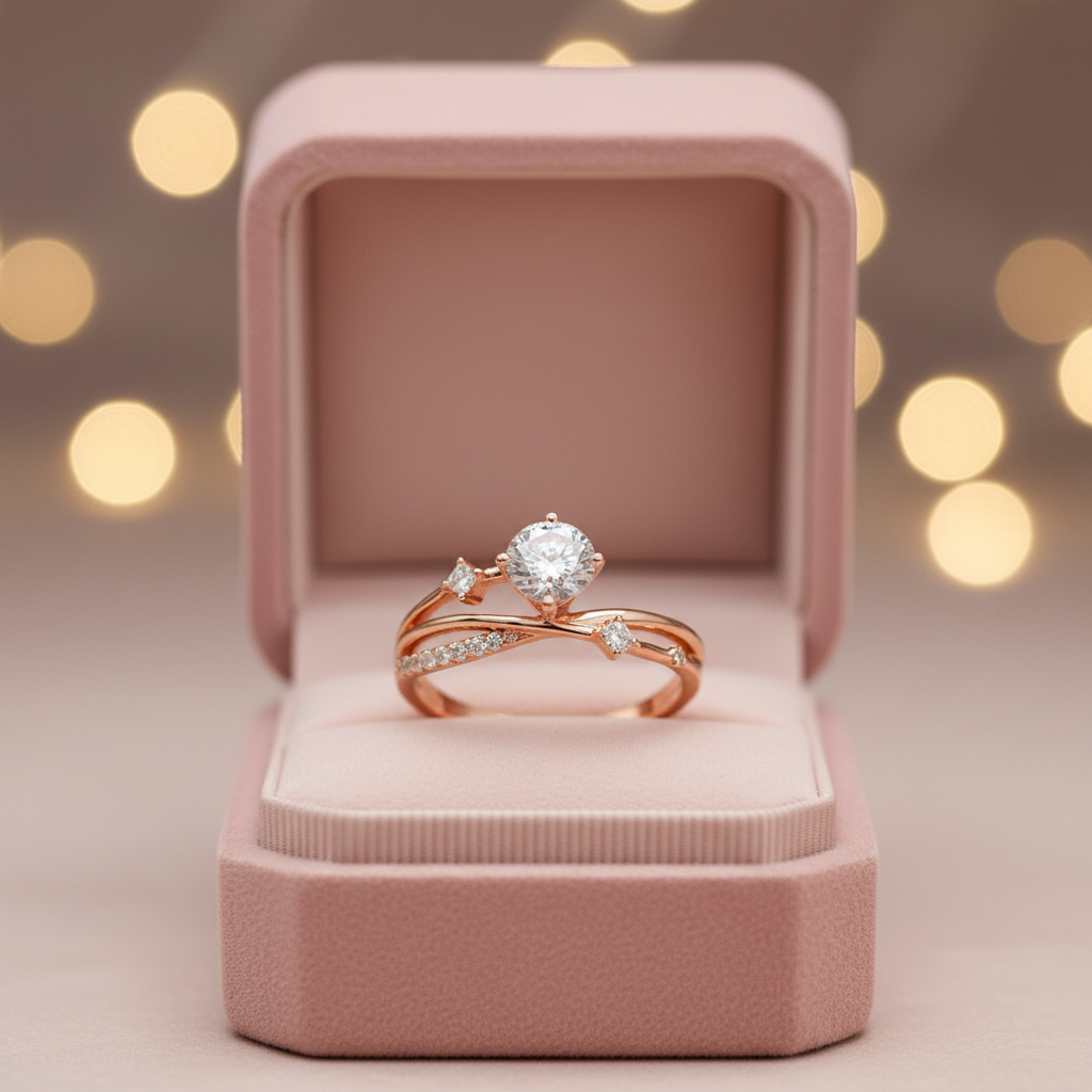 Rose gold solitaire ring displayed in open luxury blush pink velvet ring box