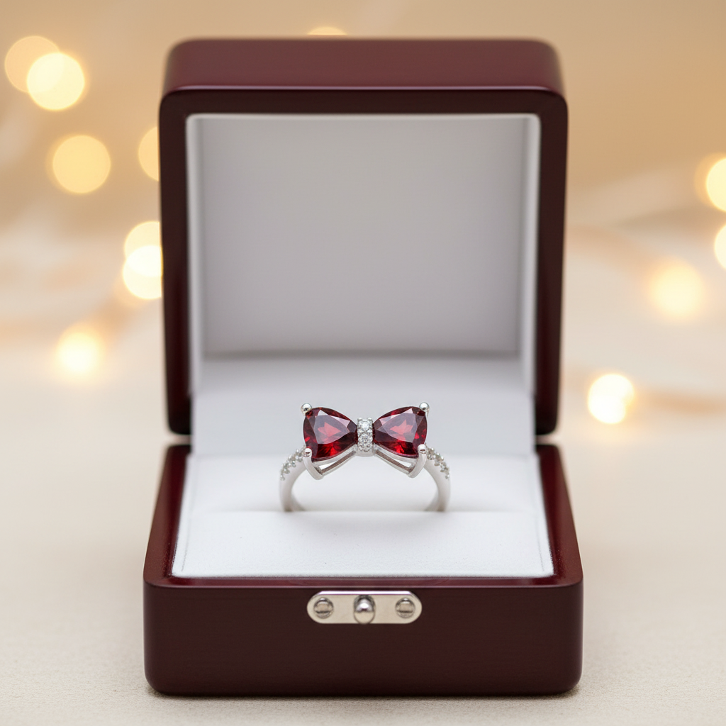 Silver double heart red gemstone ring displayed in open luxury white velvet ring box