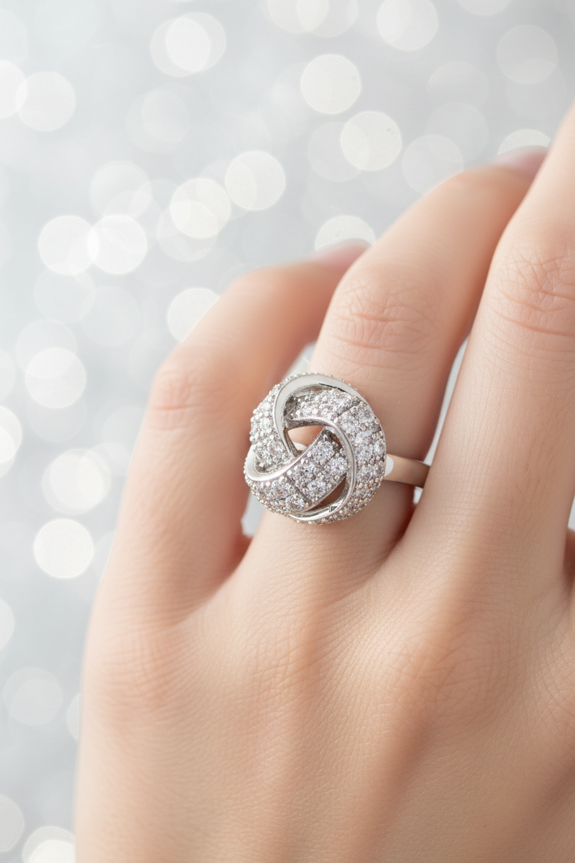 Silver swirl infinity knot pavé crystal ring worn on elegant finger with soft silver bokeh
