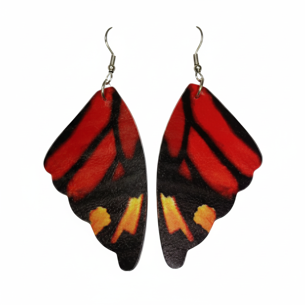 Butterfly wing pattern earrings in deep red black and gold on white background