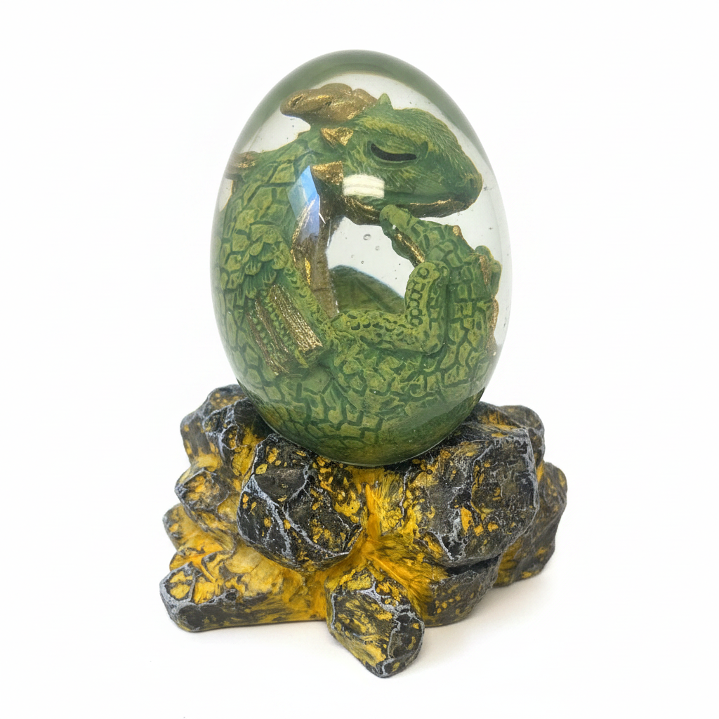 Forest Dragon Egg on volcanic rock base, white background thumbnail