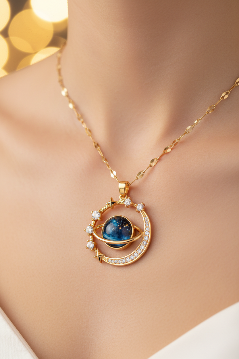 Gold saturn galaxy necklace with blue cosmic sphere worn on model's neckline with warm gold bokeh