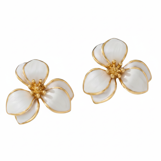 Large white enamel flower petal stud earrings with gold trim and golden centre on white background
