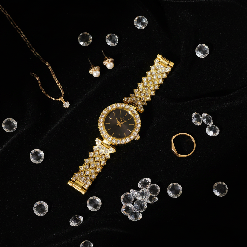 Gold Crystal Black Dial Quartz Watch - Flat Lay