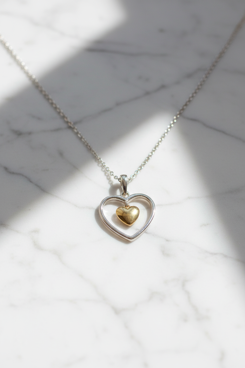 Golden Heart in Silver Heart - Marble