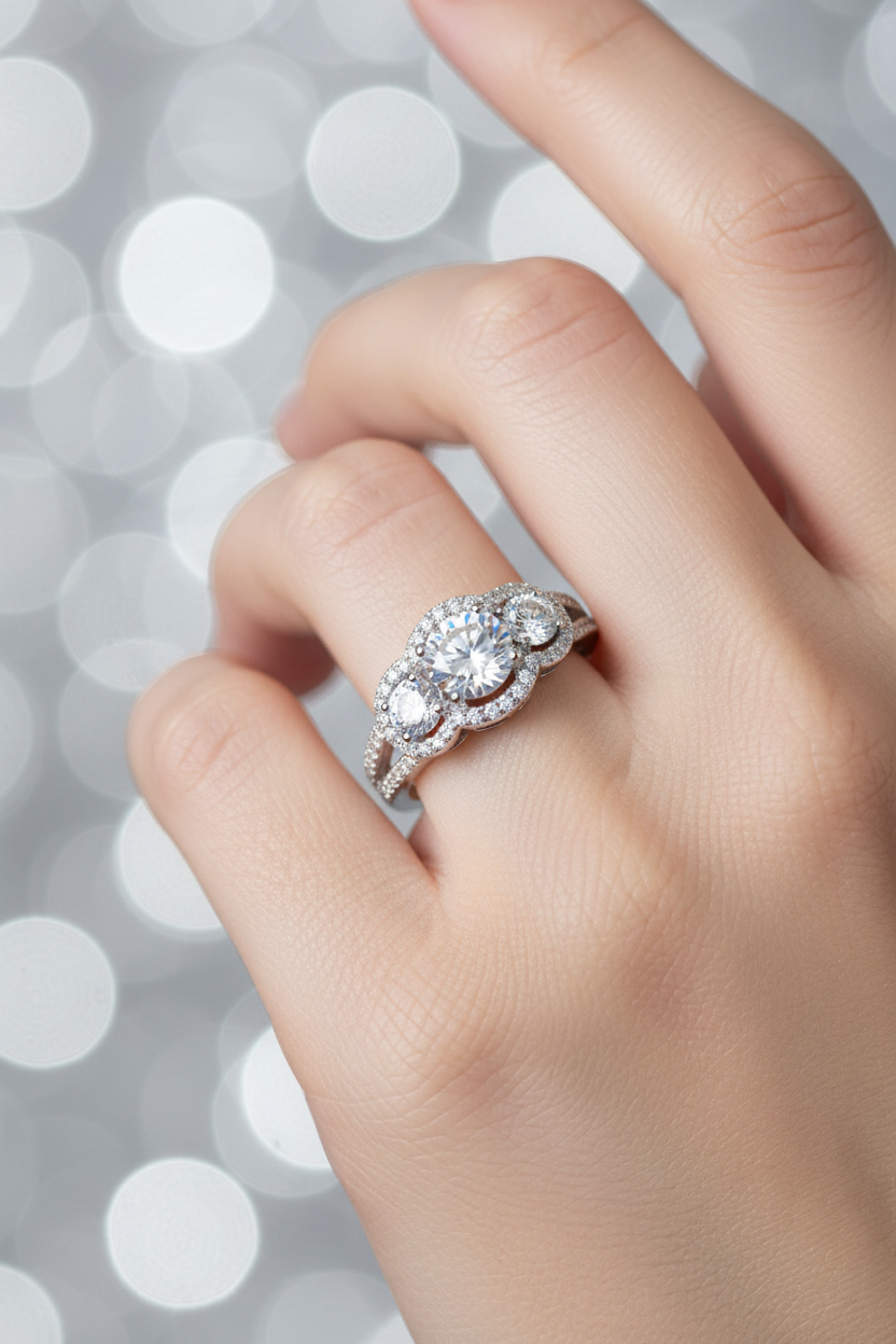 Sterling silver three-stone halo pavé ring worn on elegant finger with soft silver bokeh