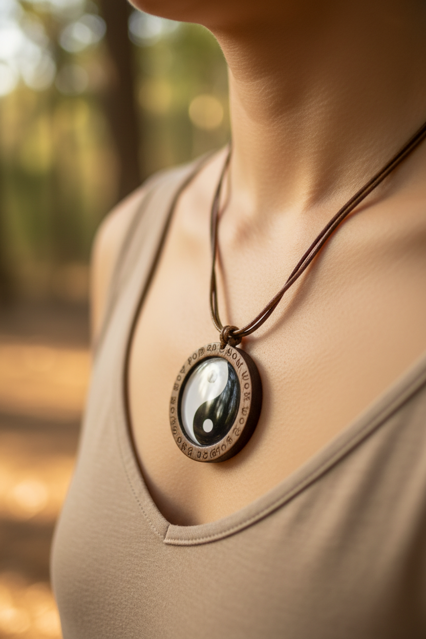 Wooden YinYang pendant necklace worn on neck with warm earthy bokeh background