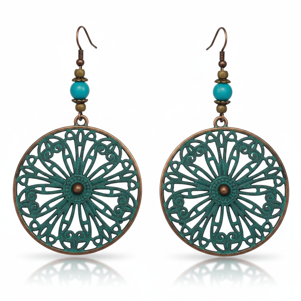 Large round teal filigree mandala disc earrings on white background