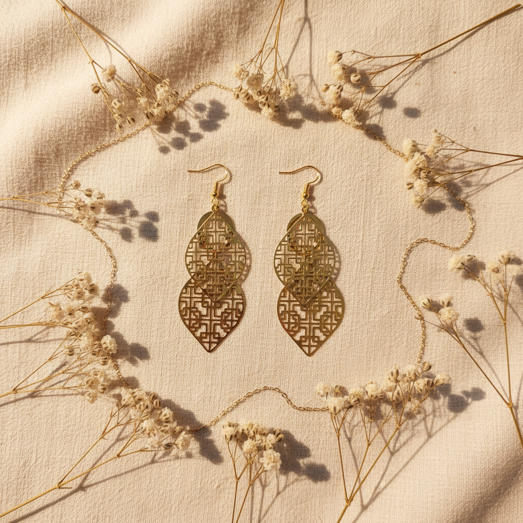 Gold Geometric Lattice Leaf Drop Earrings - Flat Lay