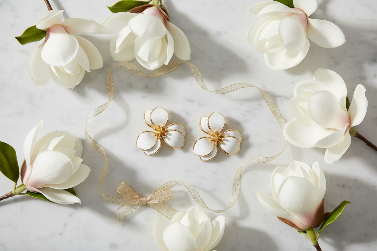White enamel flower earrings flat lay on white marble with fresh magnolia flowers and gold ribbon