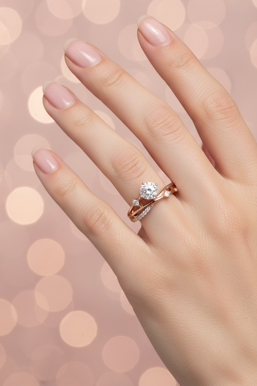 Rose gold solitaire diamond ring with twisted bypass band worn on elegant finger with blush pink bokeh