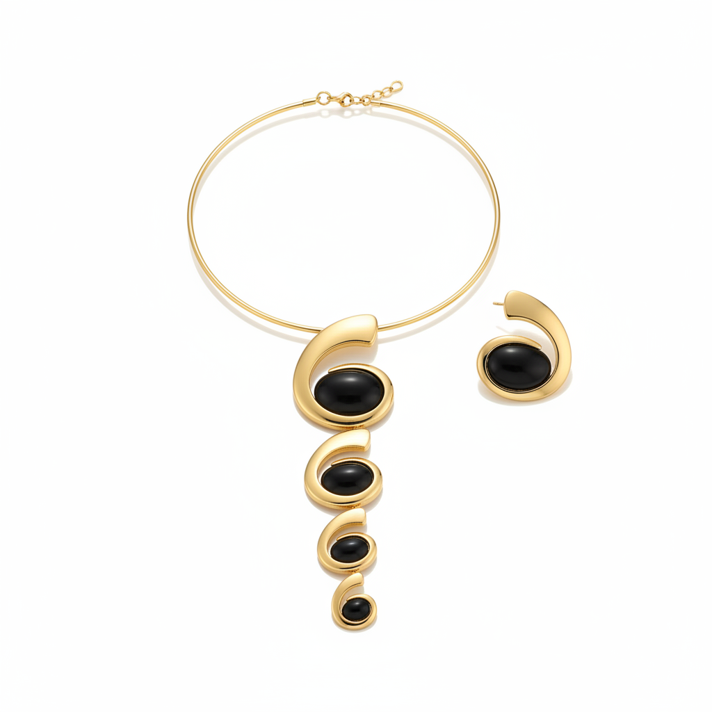 Gold geometric collar choker necklace with spiral circle pendants and matching hoop earring on white background