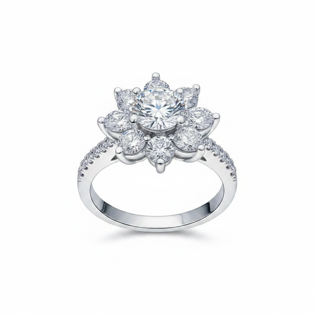 1ct near-colourless moissanite flower ring with marquise crystal petals on pure white background