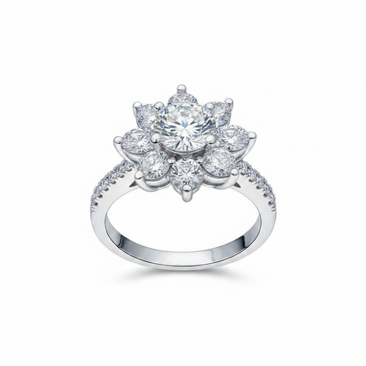 1ct near-colourless moissanite flower ring with marquise crystal petals on pure white background