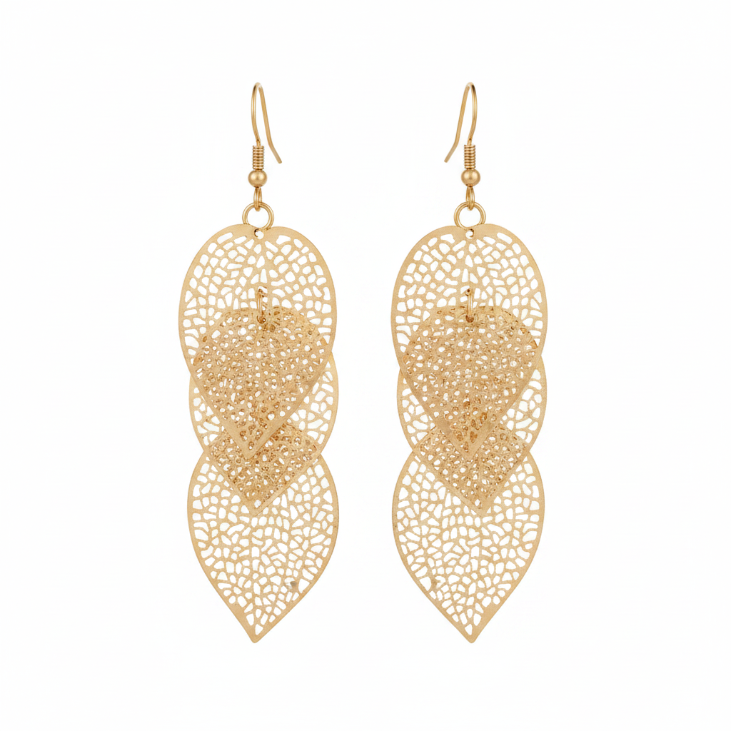 Gold Lace Leaf Drop Earrings - Thumbnail