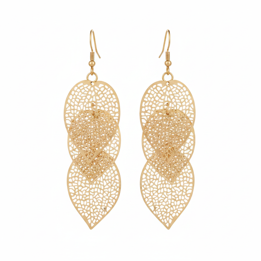 Gold Lace Leaf Drop Earrings - Thumbnail