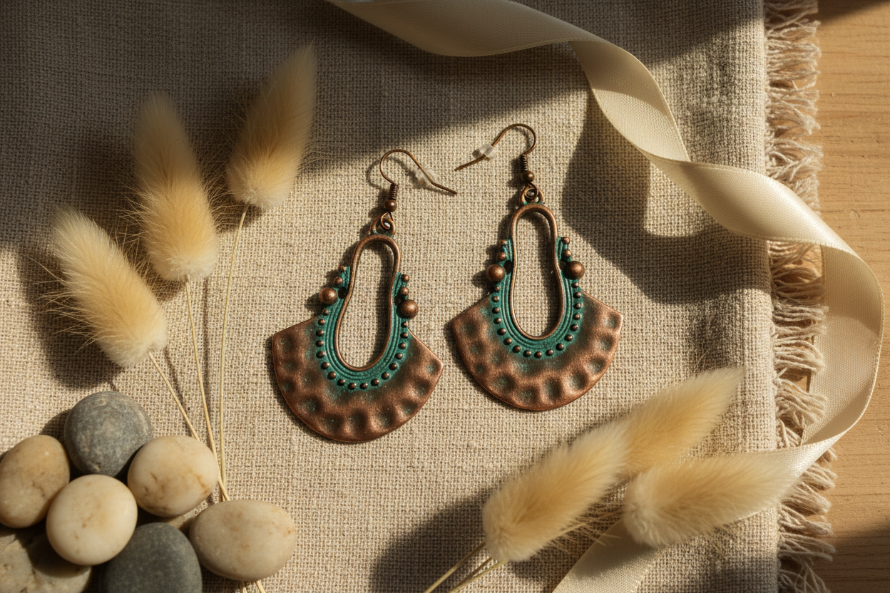 Copper fan earrings flat lay on linen with pampas grass and cream ribbon