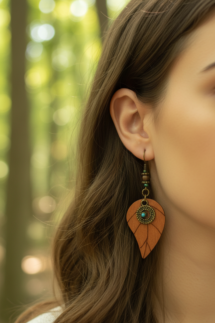Leaf-shaped copper earrings with teal stone worn on ear with forest green bokeh