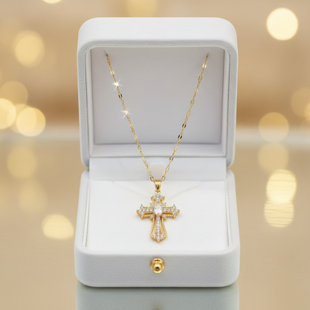 Gold baroque cross necklace displayed in open luxury white velvet jewellery box