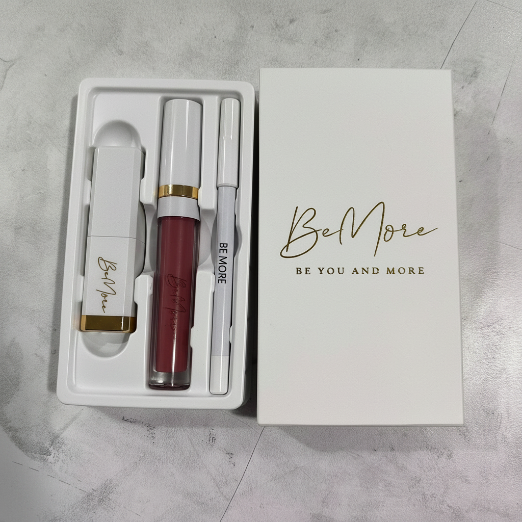 BeMore Lipstick Set in white tray with box on marble surface