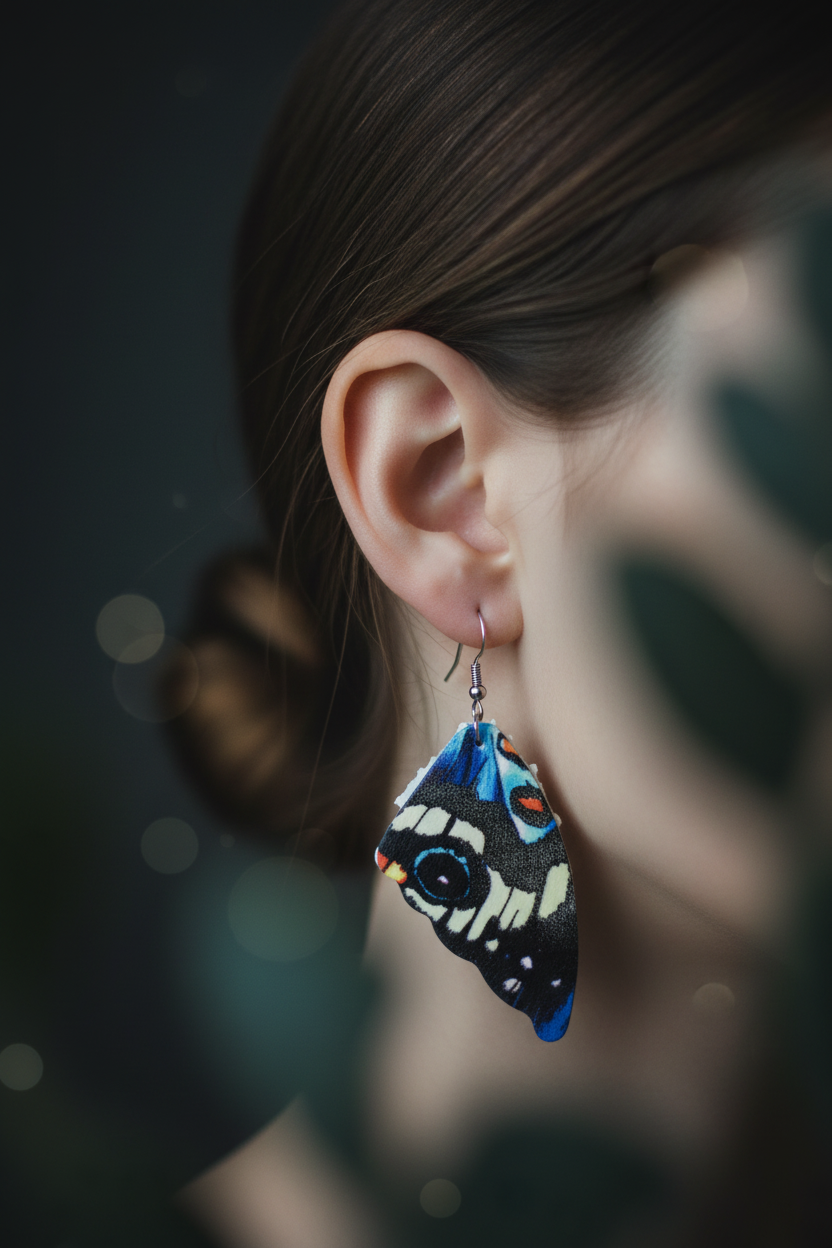 Black white butterfly wing earrings with blue red orange edges worn on ear with dark bokeh