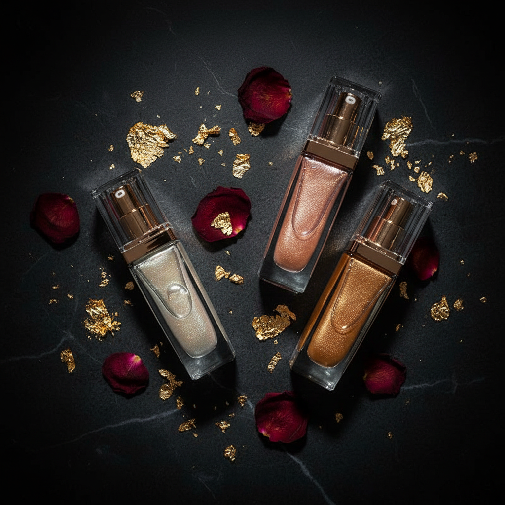 BeMore All Over Body Highlighter three shades editorial flat lay with gold leaf and rose petals