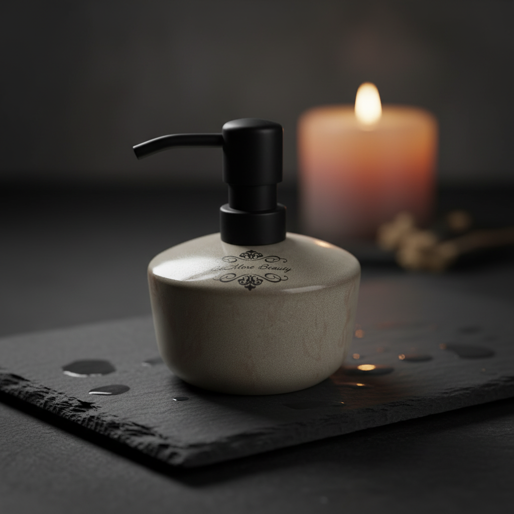 BeMore Dispenser on dark slate with candle in background