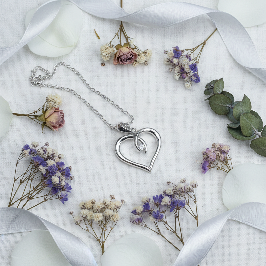 Silver Heart Necklace - Gift Flat Lay
