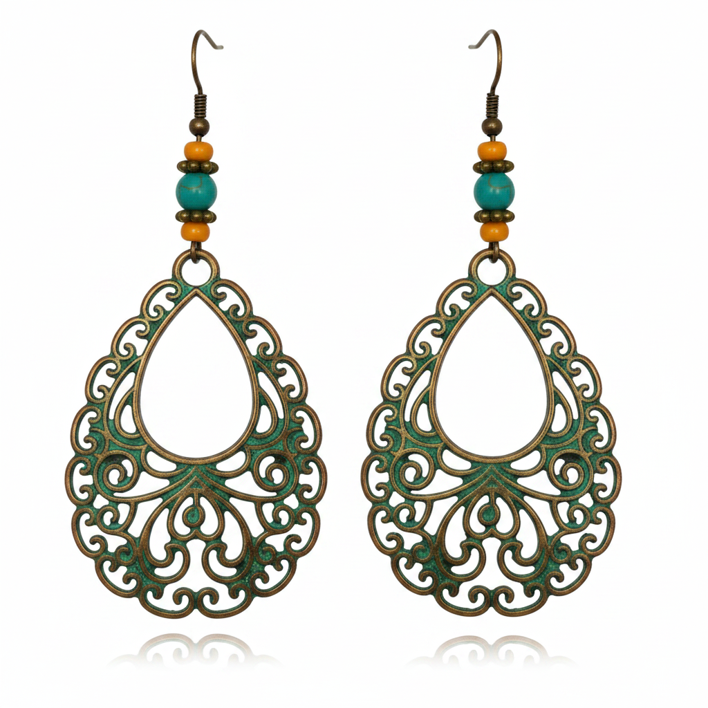 Large teardrop copper-green filigree earrings with teal bead on white background