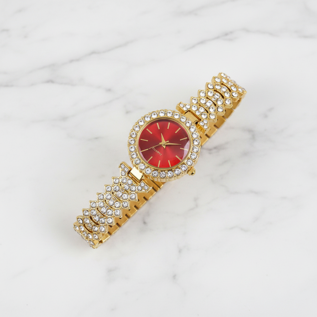 Gold Crystal Red Dial Quartz Watch - Studio