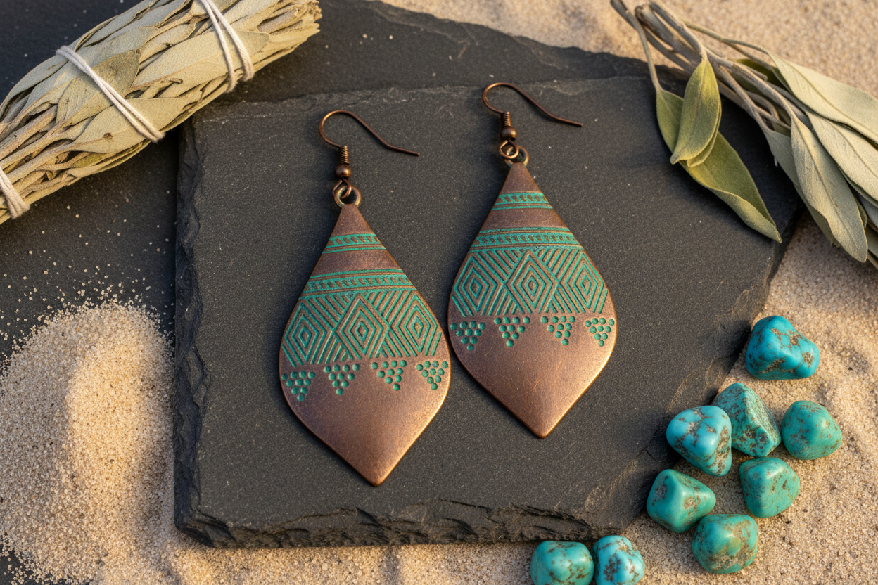 Copper tribal earrings with teal patina flat lay on dark slate with sage and turquoise stones