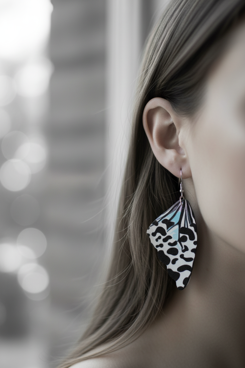 Black white leopard butterfly wing earrings worn on ear with monochrome bokeh background