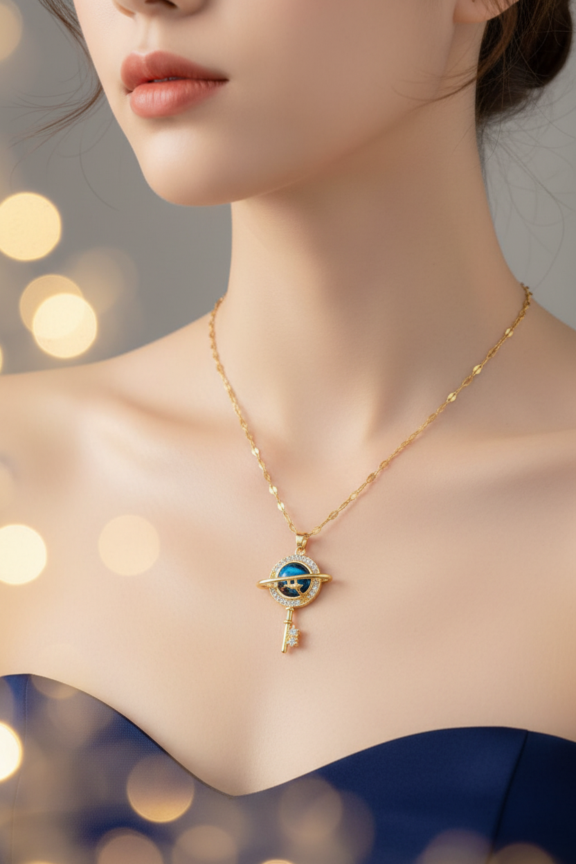 Gold galaxy planet key necklace worn on model's neckline with warm gold and blue bokeh