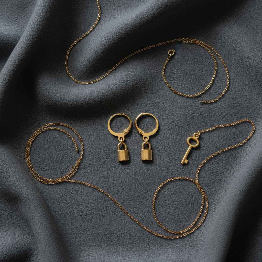 Gold Hoop Padlock Charm Earrings - Flat Lay