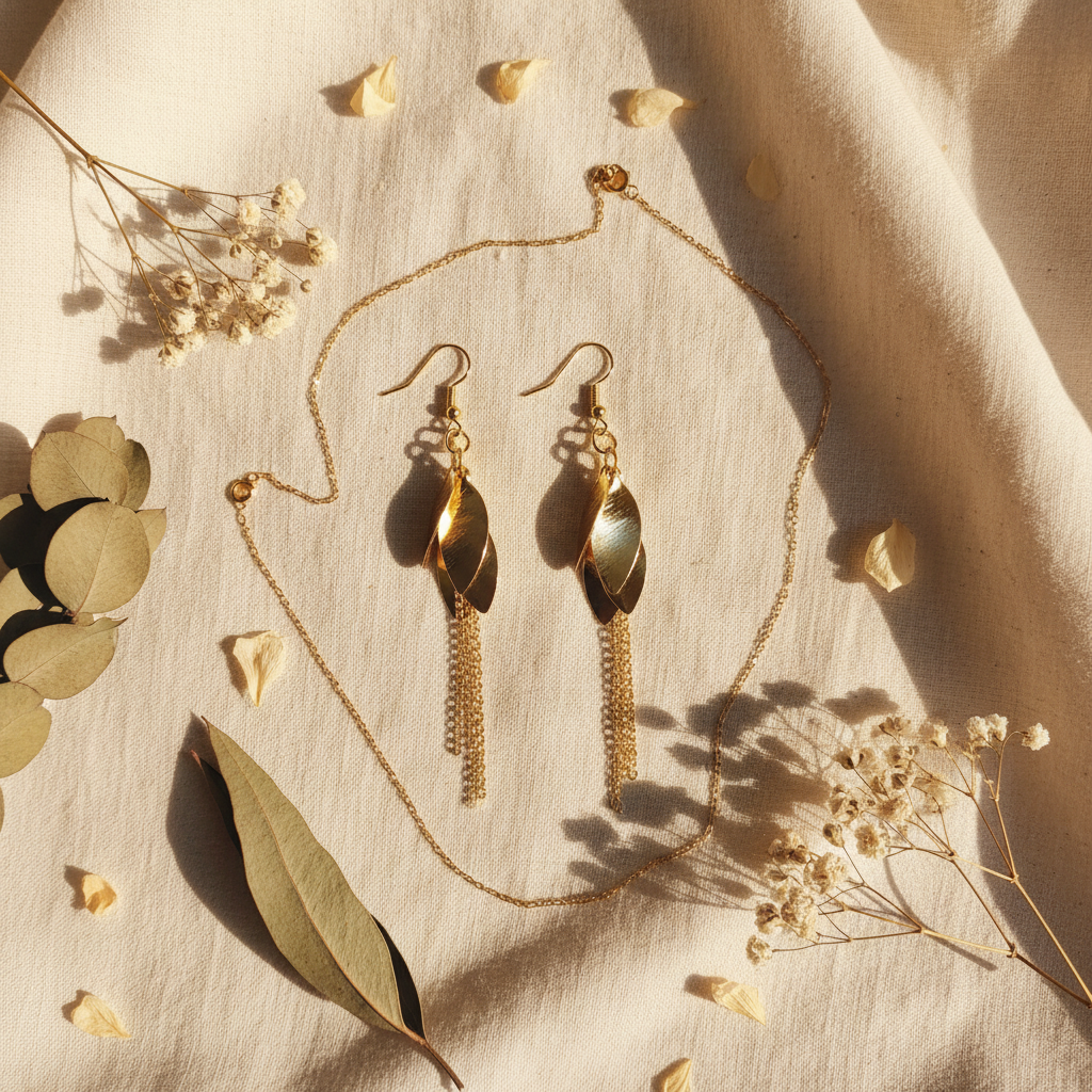 Gold Twisted Leaf Chain Tassel Drop Earrings - Flat Lay