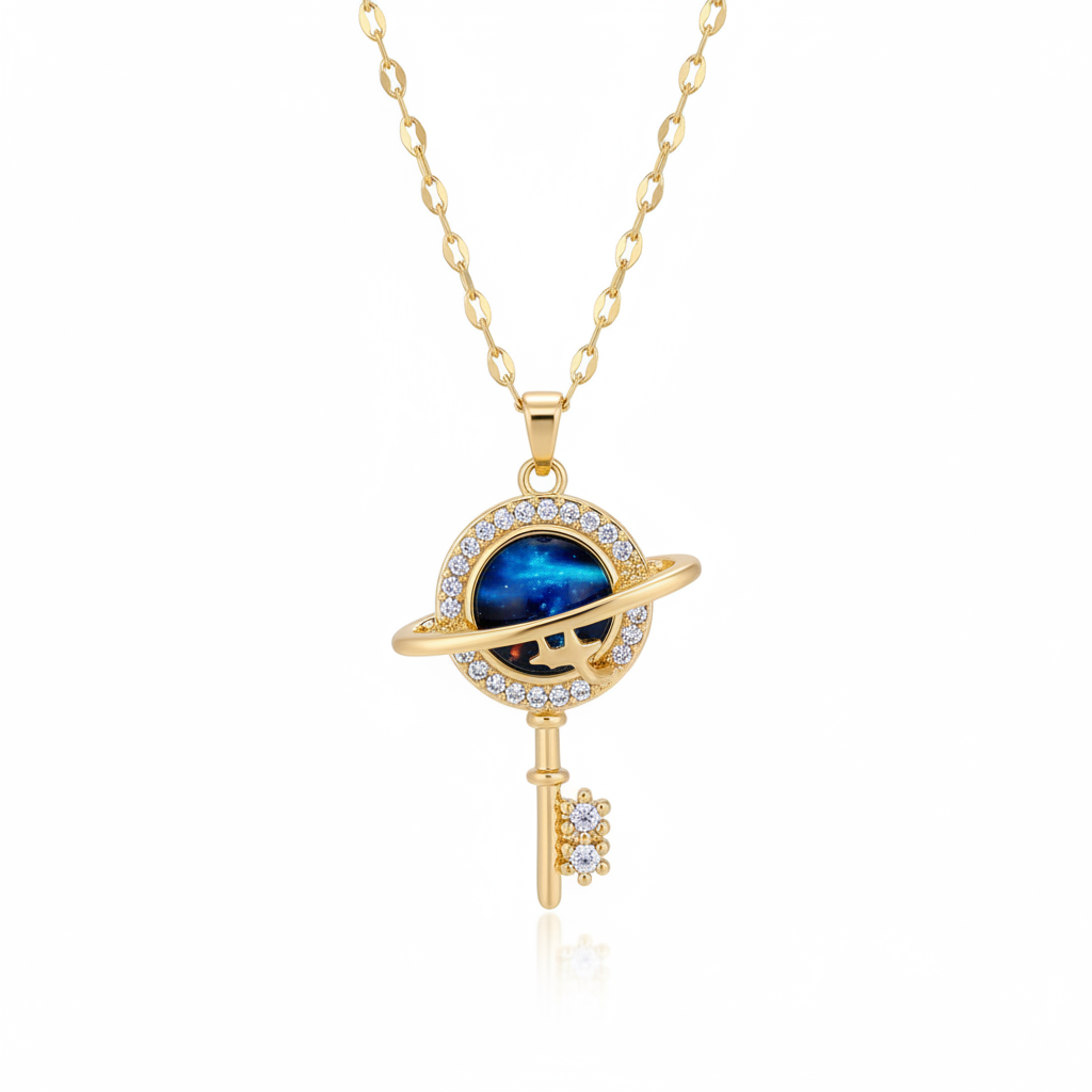 Gold galaxy planet key necklace with blue cosmic sphere and pavé crystal halo on pure white background