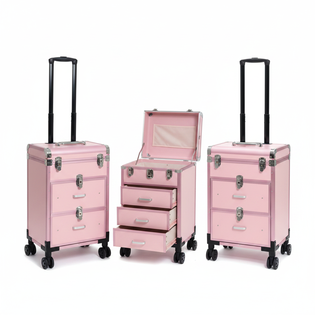 BeMore Aluminium Makeup Trolley pink open and closed side by side