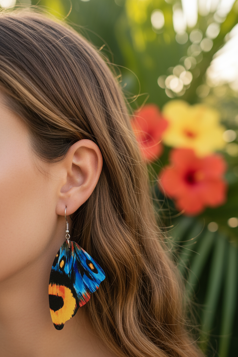 Electric blue orange yellow butterfly wing earrings worn on ear with tropical bokeh