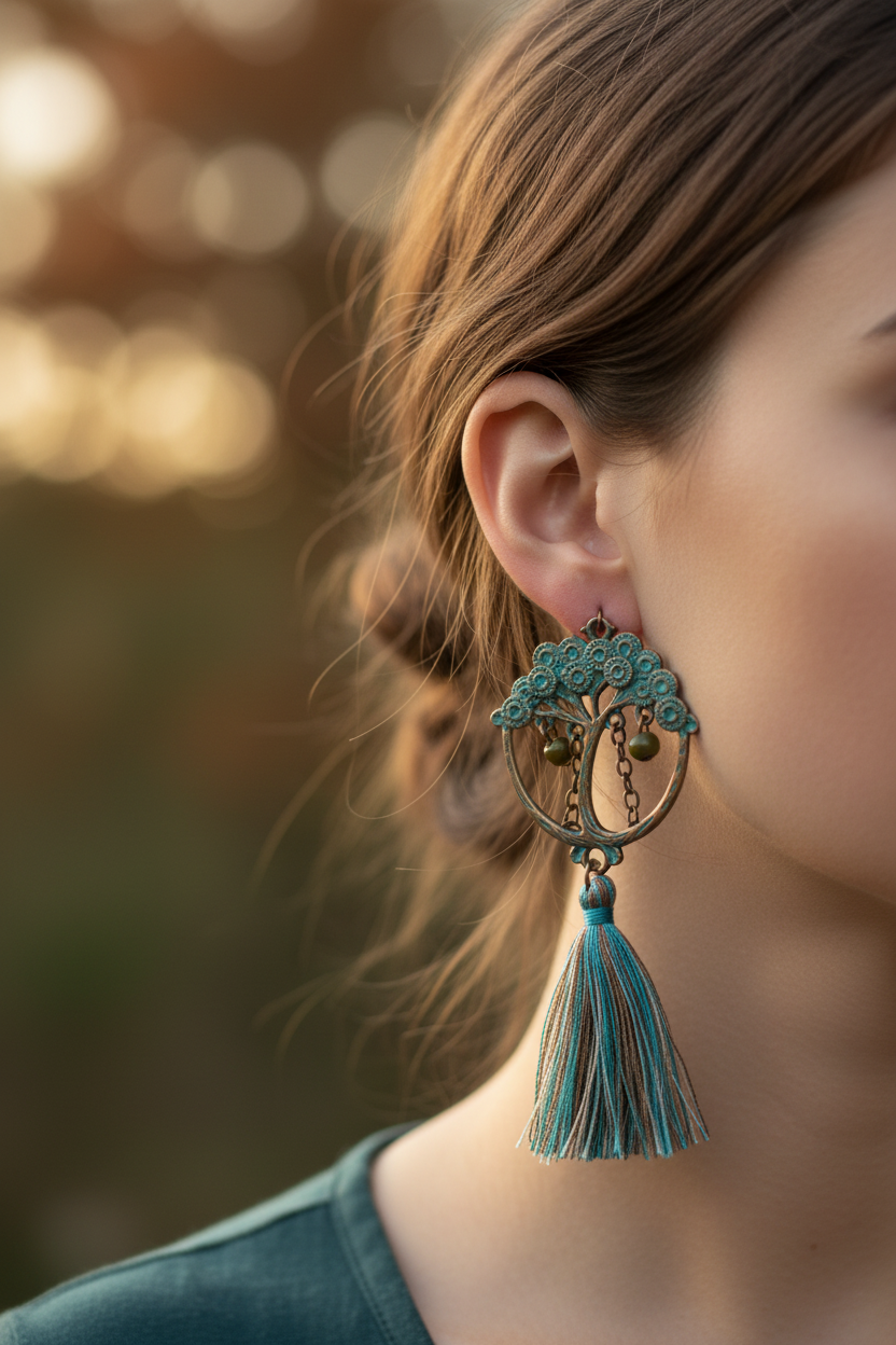 Antique bronze bohemian tassel earrings worn on ear with earthy bokeh background