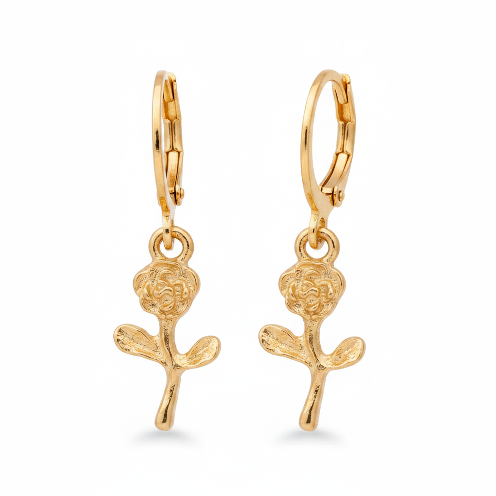 Gold Hoop Rose Charm Earrings - Thumbnail