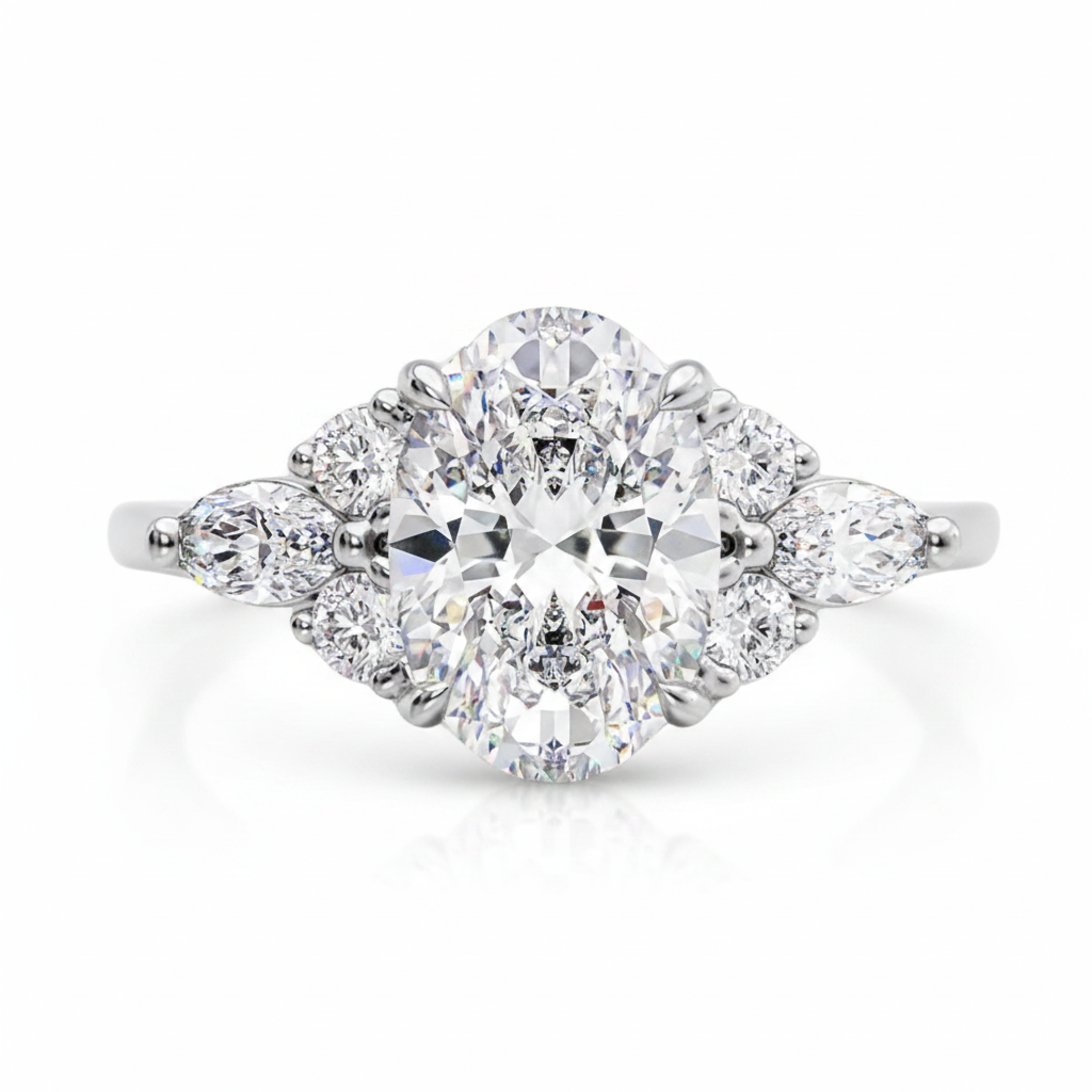 BeMore moissanite cluster ring S925 sterling silver on white background