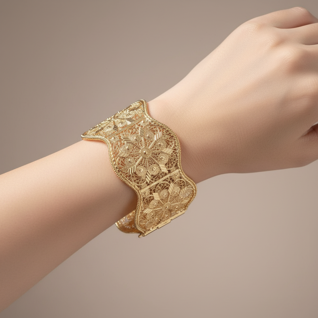 Gold filigree bracelet worn on wrist, elegant feminine style