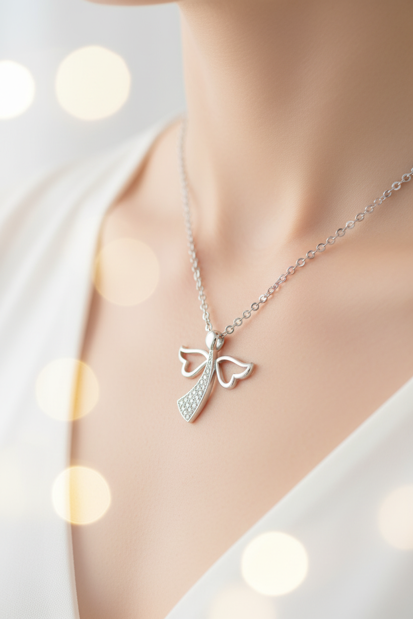 Silver Angel Necklace - Worn