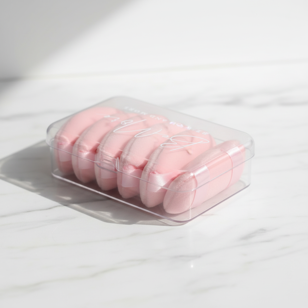 BeMore Puff Pads - triangular pink puff pads in clear box on marble