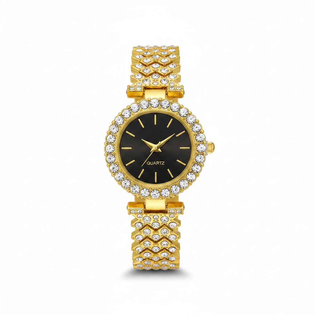 Gold Crystal Black Dial Quartz Watch - Thumbnail