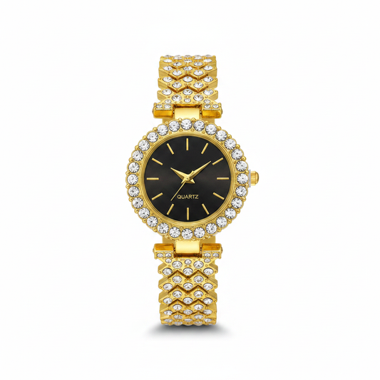 Gold Crystal Black Dial Quartz Watch - Thumbnail