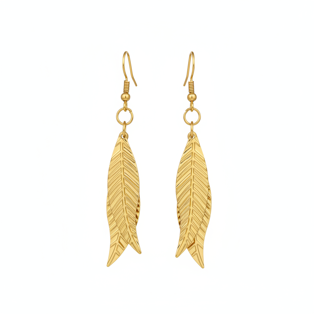 Gold Feather Drop Earrings - Thumbnail