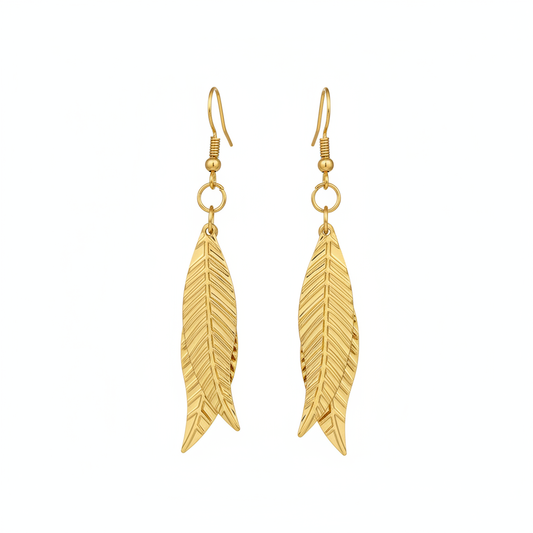 Gold Feather Drop Earrings - Thumbnail