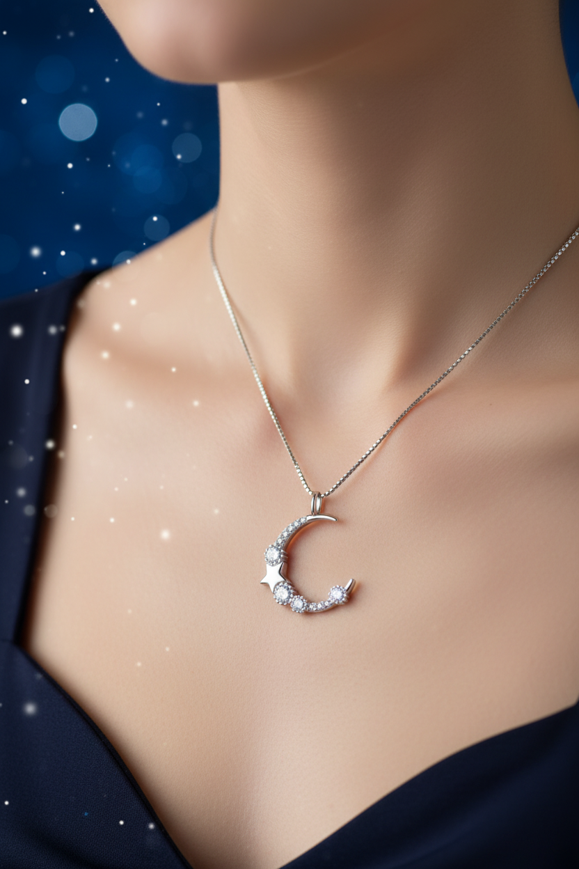 Silver Moon Necklace - Worn